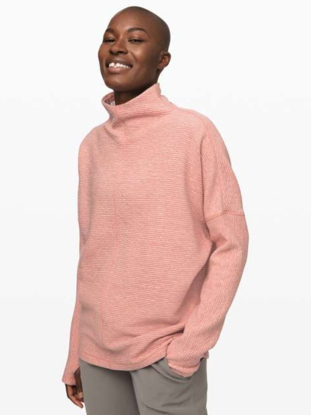 Lululemon Along The Way Mock Neck Ribbed Pullover Athleisure Heathered Pink 12